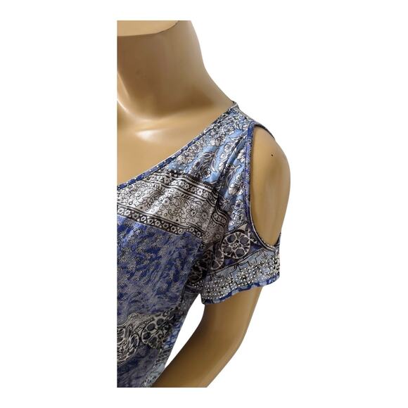 INC Womens Size Large Sheer Embellished V Neck Tribal Boho Cold Shoulder Shirt - Picture 6 of 7